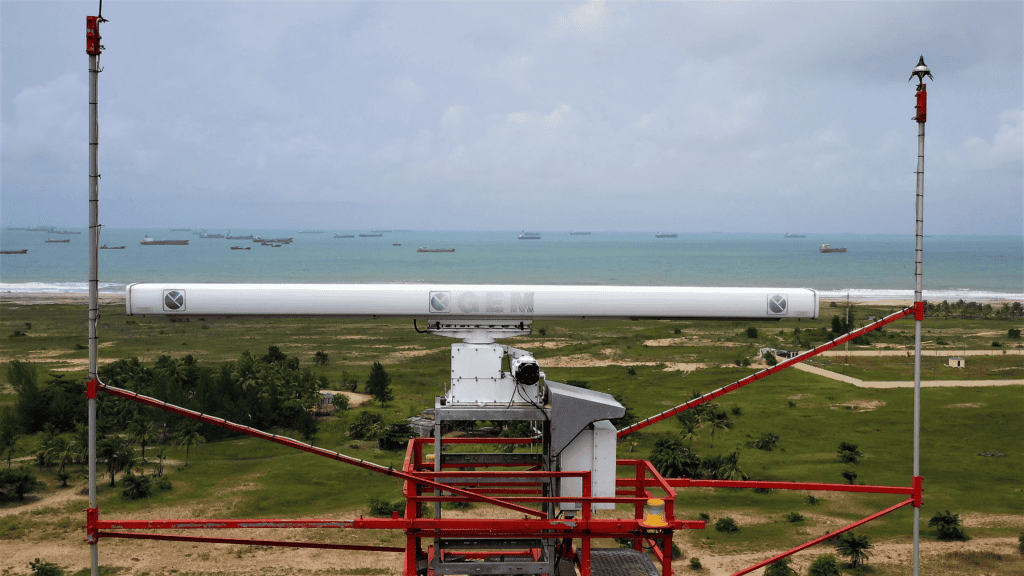 Coastal surveillance radar and electro-optical system at Tarkwa Bay, overlooking vessel traffic in Nigeria’s maritime domain.