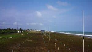 "A wide-angle photograph showing multiple rows of tall, thin, vertical Over-the-Horizon Radar (OTHR) antennas and equipment enclosures deployed in a large coastal field adjacent to the ocean shoreline under a bright, cloudy sky.