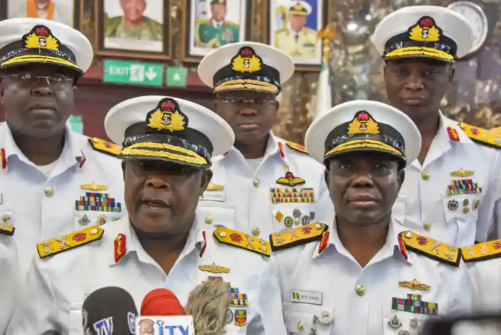 Senior Nigerian Navy officers address the media on Falcon Eye maritime surveillance system achievements, highlighting Nigeria’s efforts in securing territorial waters and curbing sea crimes