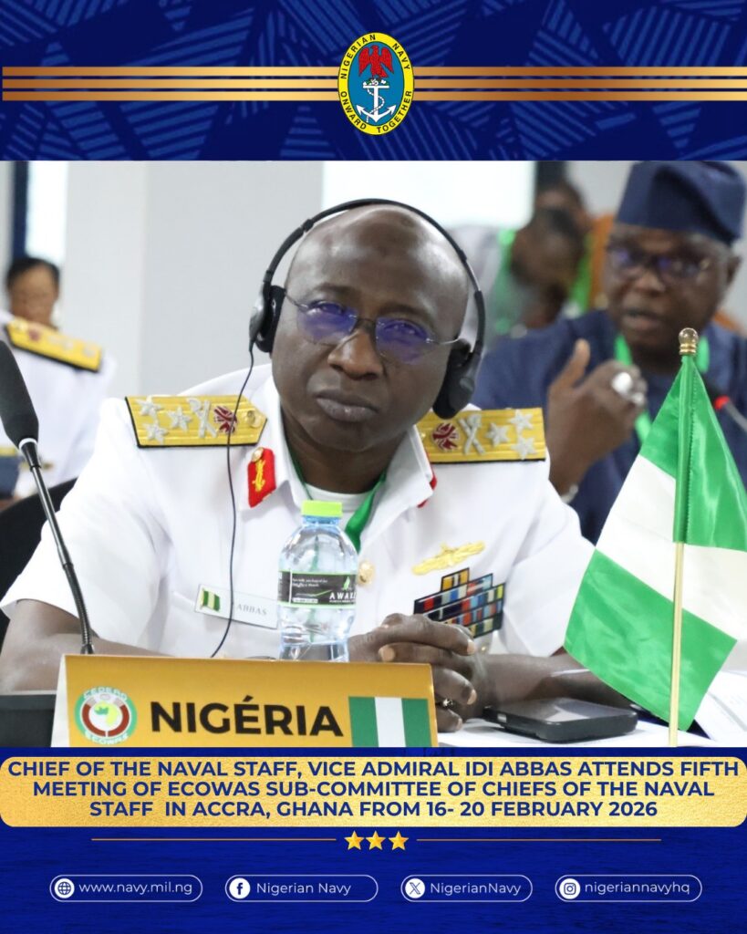 Vice Admiral Idi Abbas, Nigeria’s Chief of the Naval Staff, in full ceremonial uniform and headset, representing Nigeria at the 2026 ECOWAS maritime summit in Accra, where he advocated for the Falcon Eye surveillance platform.