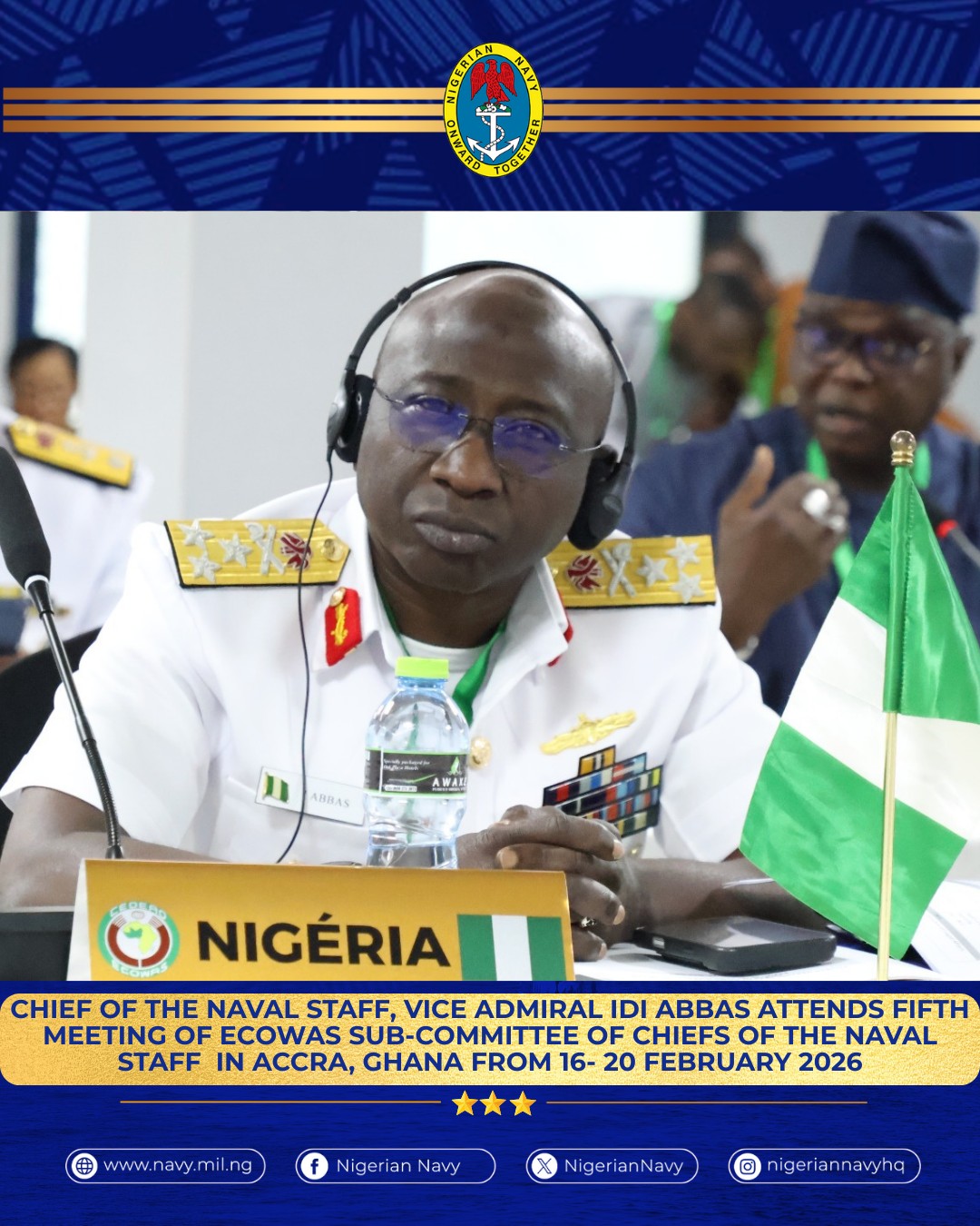 Vice Admiral Idi Abbas, Nigeria’s Chief of the Naval Staff, in full ceremonial uniform and headset, representing Nigeria at the 2026 ECOWAS maritime summit in Accra, where he advocated for the Falcon Eye surveillance platform.